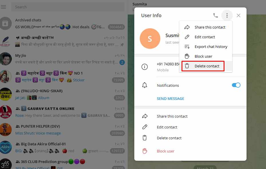 Telegram से contacts डिलीट कैसे करें?